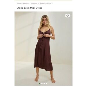 Aerie Satin Midi Dress Brown Tie Front Keyhole Adjustable Straps Womens XS NWT